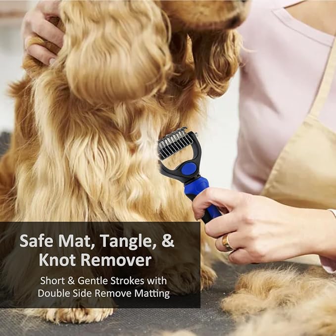 Grooming Rake for Dogs & Cats, Double-Sided Deshedding Brush, Extra-Wide Dematting Tool, Slicker Comb for Undercoat & Loose Hair Removal, Reduces Shedding by 95%, Blue, Small