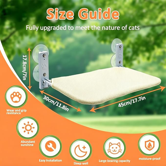 Regular Beige Cat Window Perch – Cordless Foldable Hammock Bed, Zip‑Off Machine Washable Cover, Sturdy Metal Frame Window Bed for Cats and Kittens