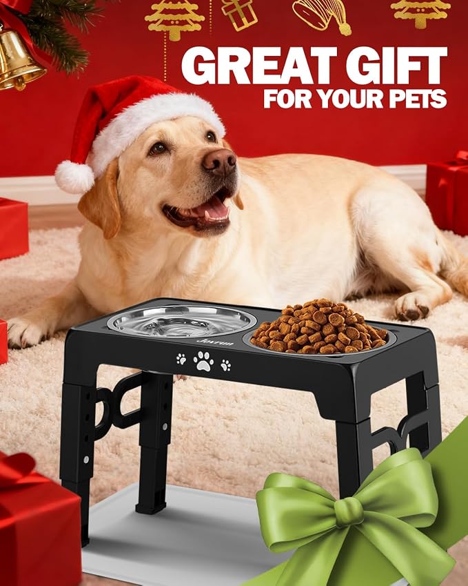 Jovrun Elevated Dog Bowls for Medium Large Dogs with Mat, Non-Slip Dog Feeder with 1*Stainless Steel Dishes & 1*Slow Feeder Bowl, 5 Heights Adjustable Raised Bowls for 3.15″-8.66″-9.84″-11.02″-12.2″