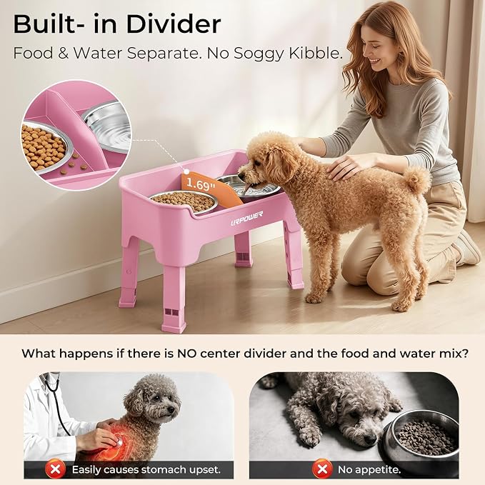 URPOWER Mess Proof Elevated Dog Bowls 4 Height Adjustable Raised Bowl Stand with 2 Stainless Steel Dog Bowls Non-Slip Food and Water Bowl Set for Small Dogs, Pink