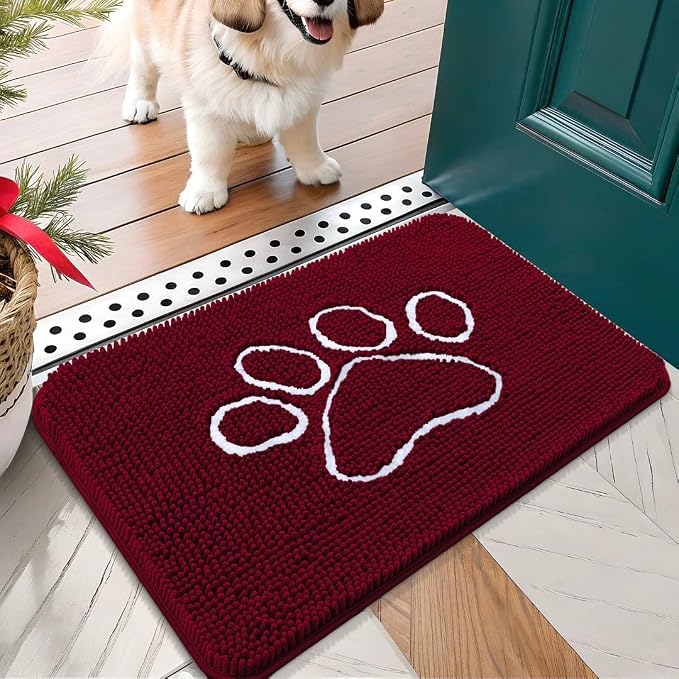 OLANLY Dog Door Mat for Muddy Paws 70x35, Paw Print Design Chenille Mud Mat | Burgundy, Absorbent, Traps Moisture and Dirt, Non-Slip Washable Doormat, Quick-Drying Indoor Entryway Floor Carpet for Dogs