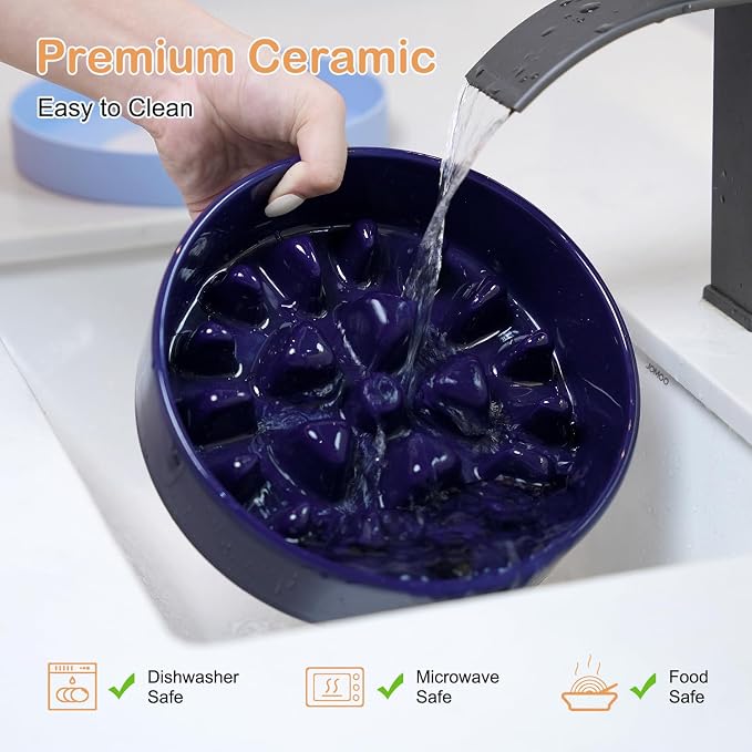 Sted Ceramic Slow Feeder Dog Bowls for Medium Large Breed, Slow Feeding Dog Bowl, Dogs Food Bowls for Fast Eaters, Puzzle Dogs Food Bowl with Silicone Base, Maze Blue