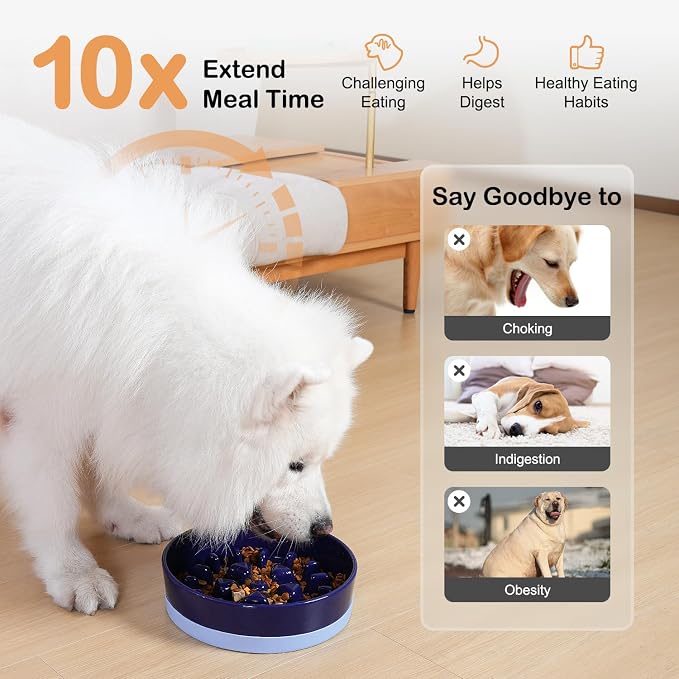 Sted Ceramic Slow Feeder Dog Bowls for Medium Large Breed, Slow Feeding Dog Bowl, Dogs Food Bowls for Fast Eaters, Puzzle Dogs Food Bowl with Silicone Base, Maze Blue