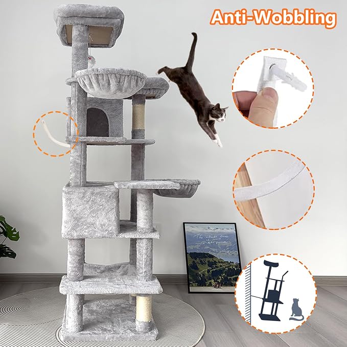 68 Inches Multi-Level Heavy Duty Large and Tall Cat Tree Tower for Indoor Cats/Removable Pad/Cat Condo/Sisal Scratching Posts/Hammock/Cat Activity Center/Wide Base