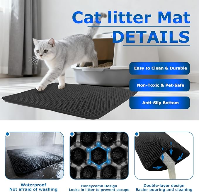 Cat Litter Box Mat,Double-Layer Honeycomb Litter Trap 35"x24" Black | Catches Scattered Particles to Stop Tracking,Waterproof Design Urineproof Base Protects Floors, Easy to Clean, Indoor Cats