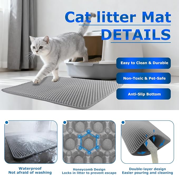 Cat Litter Box Mat,Double-Layer Honeycomb Litter Trap 47"x28" Gray | Catches Scattered Particles to Stop Tracking,Waterproof Design Urineproof Base Protects Floors, Easy to Clean, Indoor Cats
