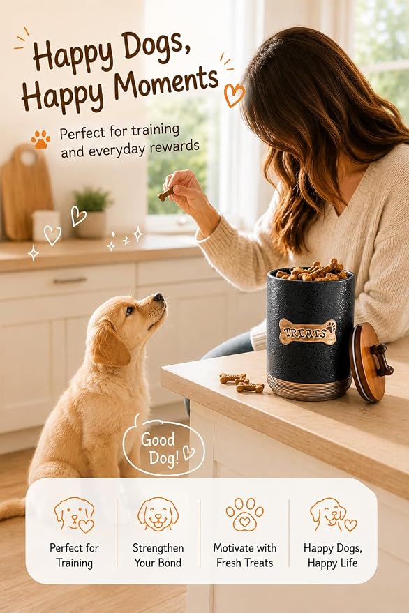 Miamolo Dog Treat Container Jar, Ceramic Airtight Dog Food Storage Container with Lid and Handle, Dog Treats Cookie Snack Jar Canister for Kitchen Counter, Gift for Dog Owners, Bone Glinting Black