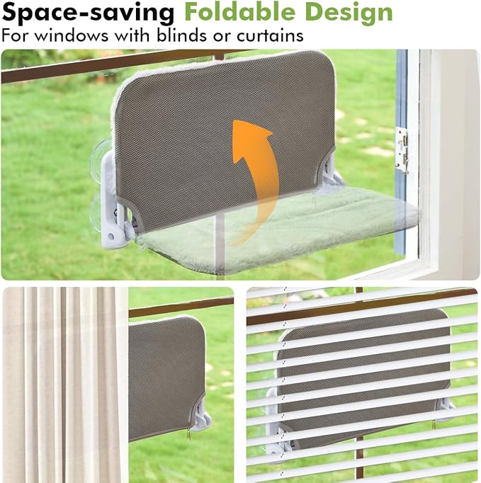 Zoratoo 2PC Cat Window Perch, Foldable & Cordless with Metal Frame, L Gray | 2-in-1 Reversible Cover, Removable for Machine Wash, Stable Window Resting Seat with Large Suction Cups for Indoor Cats