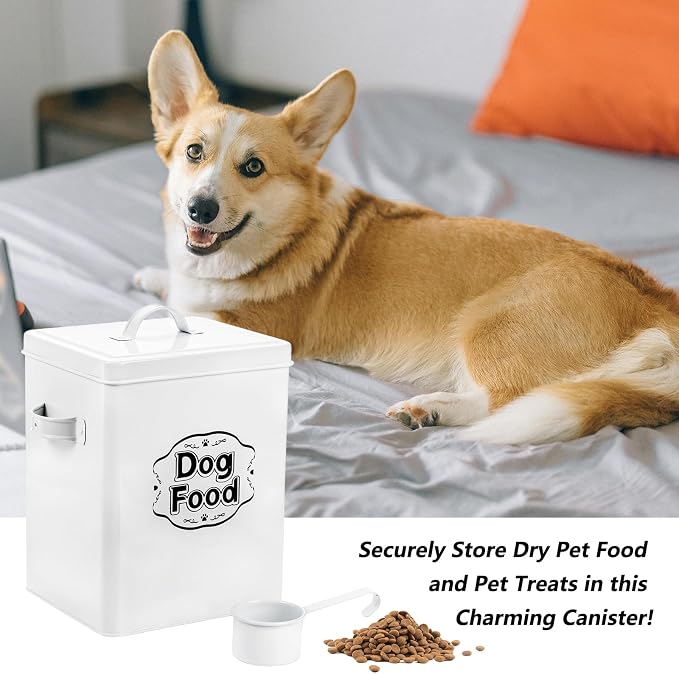 5-7 Lbs(25 Cup) Metal Dog Food Storage Container with Lid and Scoop, Airtight Dog Treat Container, Farmhouse Pet Food Storage Container, Cute Dog Food Canister, Gift for Dogs and Owners, White
