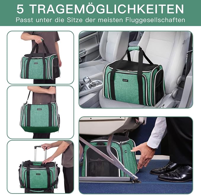 BAGLHER Expandable Cat Carrier with Travel Litter Box, Pet Travel 5 Sides Open Doors 3 Sides, Leak-Proof and Collapsible, for Car, Airplane Trip, Green