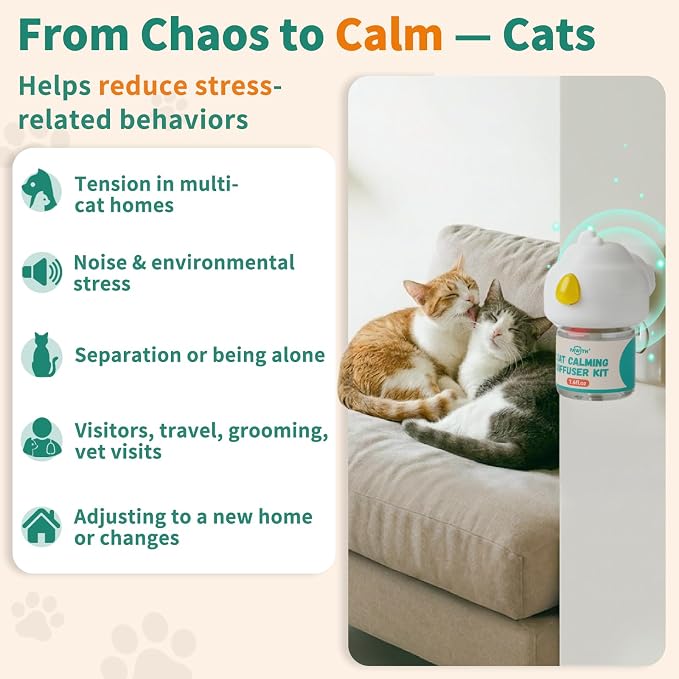 60-Day Cat Calming Diffuser with Pheromones – Cat Pheromone Diffuser for Cats, Helps Reduce Stress, Anxiety, Scratching & Urine Marking – 3-in-1 Calming Diffuser Set with 2 Refills