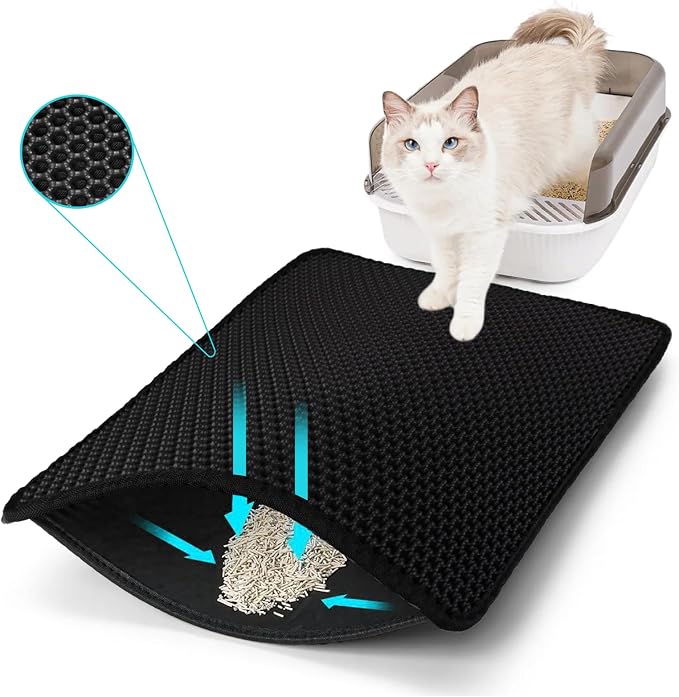 Cat Litter Mat 26"x46.5", Double Layer Waterproof Litterbox Mat, Black | Non-slip backing, washable for easy cleanup, traps stray litter with waterproof honeycomb large grid that is urine-proof.