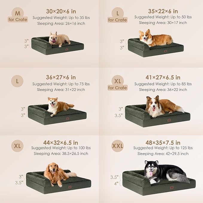 EHEYCIGA Large Dog Bed Memory Foam for Crate, Orthopedic Dog Bed Large Size Dogs with Washable Removable Cover, Waterproof Pet Sofa Couch with Nonskid Bottom, 35x22x6, Dark Green