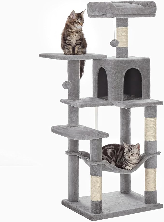 SONGMICS HOME Cat Tree for Indoor Cats, Multi-Level Cat Tower with Sisal Scratching Posts, Hammock and Condo, Light Gray