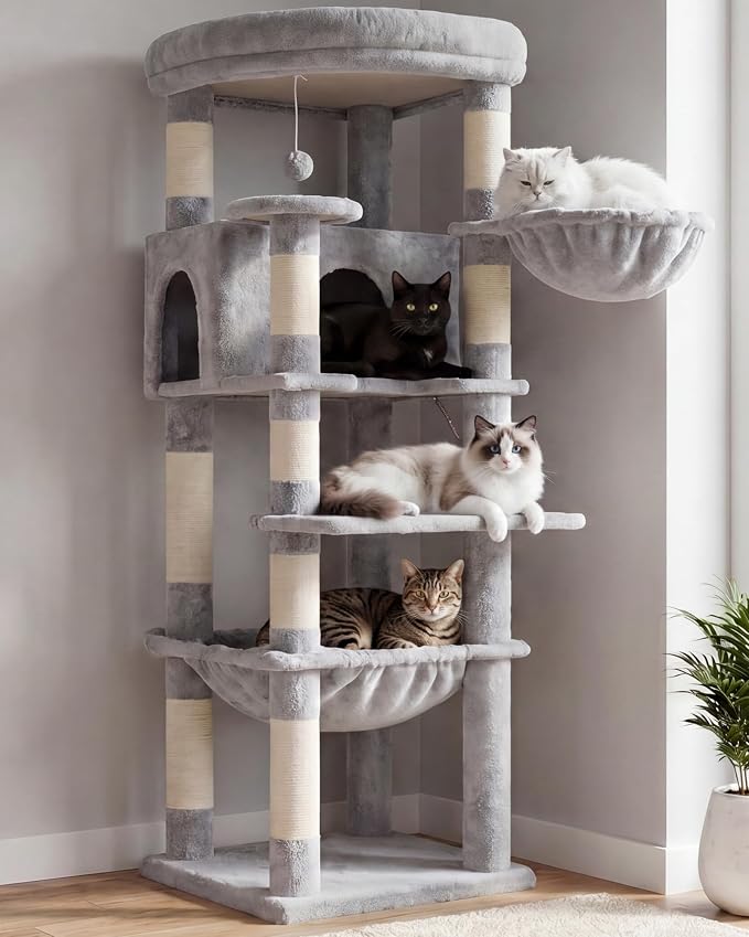 Heybly 53.1" Corner Cat Tree for Large Cats – Interactive Play HCT029W | Sturdy Cat Tower with Cozy Cat Condo, Fan-Shaped Top Perch, Basket, Hammock & Solid Base, Light Gray
