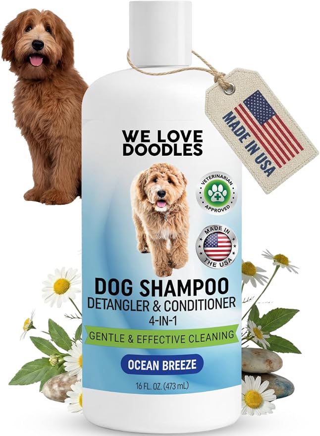 Dog Shampoo, Conditioner & Detangler, Gentle Tearless, Ocean Breeze, 16OZ | For Sensitive Itchy Skin, Hypoallergenic, Best For Smelly Dogs, Goldendoodle, Poodle & Doodle, Puppy Pet Wash, USA Made, 4in1
