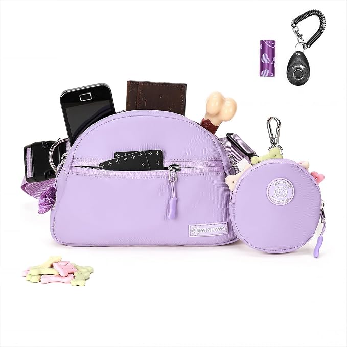 Dog Treat Pouch Pet Training Walking Fanny Pack with Built-in Poop Bag Dispenser & Waste Bag Holder | Stylish Puppy Training Essentials Supplies | Free Dog Clicker (Lavender)