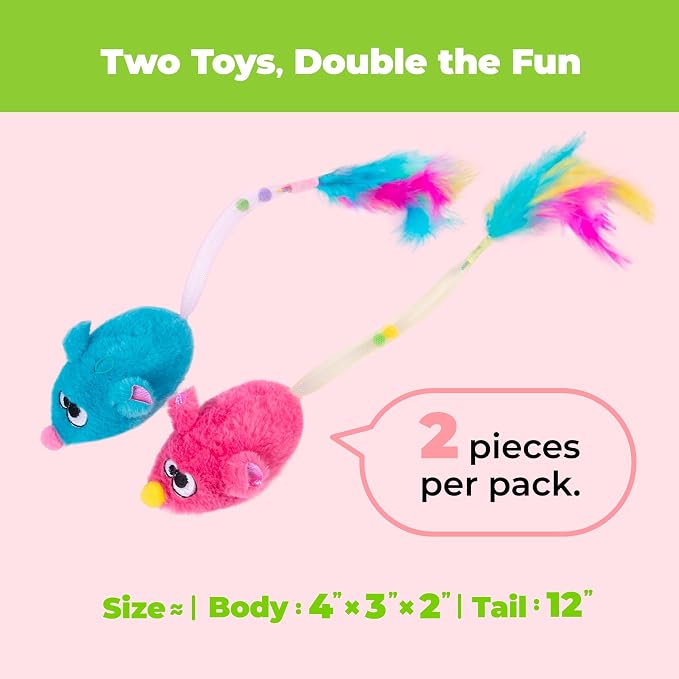 Catify Best Pet Supplies Interactive Squeak Mice – Tap-Activated Realistic Mouse Cat Toy Catnip-Infused, Elastic Mesh & Feathered Tail With Realistic Squeaks For Indoor Cats & Kittens - Blue & Fuchsia