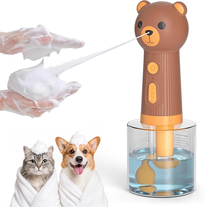Dog Foam Maker, Rechargeable Pet Bath Foam Dispenser Cartoon Bear 400ml Soap Sprayer with 1200mAh Battery, IPX7 Waterproof Dog Shampoo Frother for Gentle Cleaning, Multi-Use for Home & Outdoor, Brown