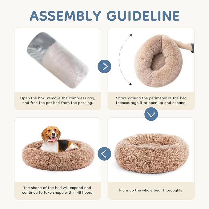 DUMOS Donut Dog Beds for Large Dogs, Machine Washable Cuddler Warming Cozy Fluffy Faux Fur Plush Round Pet Bed, Anti-Slip Bed for Indoor Dogs and Cats, 30.7x30.7 Inch, Brown
