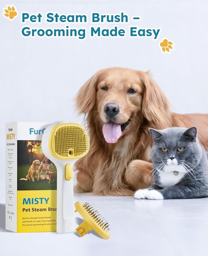 Cat Steam Brush for Cats & Dogs, Pet Steam Brush 3-in-1 with 2 Mist Modes, One-Touch Self Cleaning, Magnetic Safe Charging, Cat Hair Brush for Shedding, Dog Brush for Shedding, Yellow (Short Head)