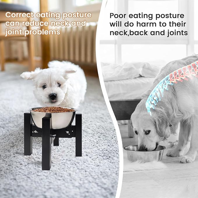 Elevated Dog Bowl Stand Adjustable Dog Food Holder 7”H Small Black | 7” Elevated Dog Bowl Stand, Small Dogs, Adjustable, Fits 6”-8” Bowls, Single Bowl Holder, Natural Bamboo, Classic Black