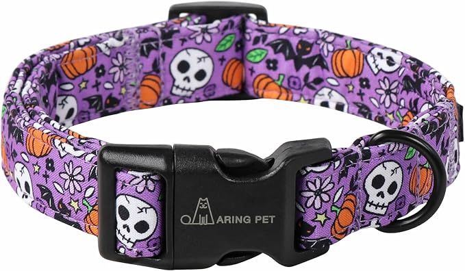 ARING PET Halloween Dog Collar-Cotton Purple Pumpkin Dog Collars, Adjustable Skull Bat Print Pet Collar Puppy Collars with Quick Release Buckle for Girl&Boy Dogs