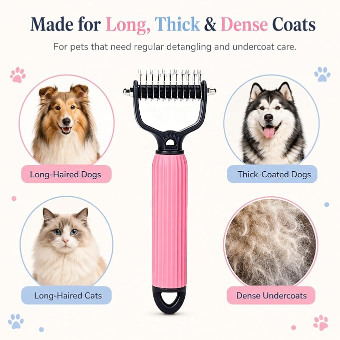 2 Pack Dog & Cat Brush for Shedding, 2-in-1 Undercoat Rake & Dematting Comb | Blue and pink double-sided grooming brushes for tangles, mats and loose undercoat on long, thick or double coats