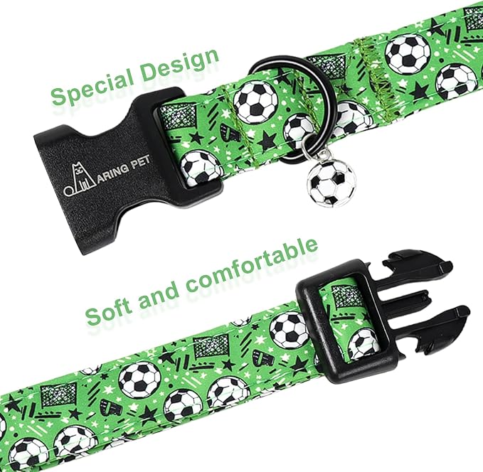 ARING PET Soccer Dog Collar, Cute Green Doggy Collars with Quick Release Buckle for Puppy Small Medium Large Boy Girl Dogs-S