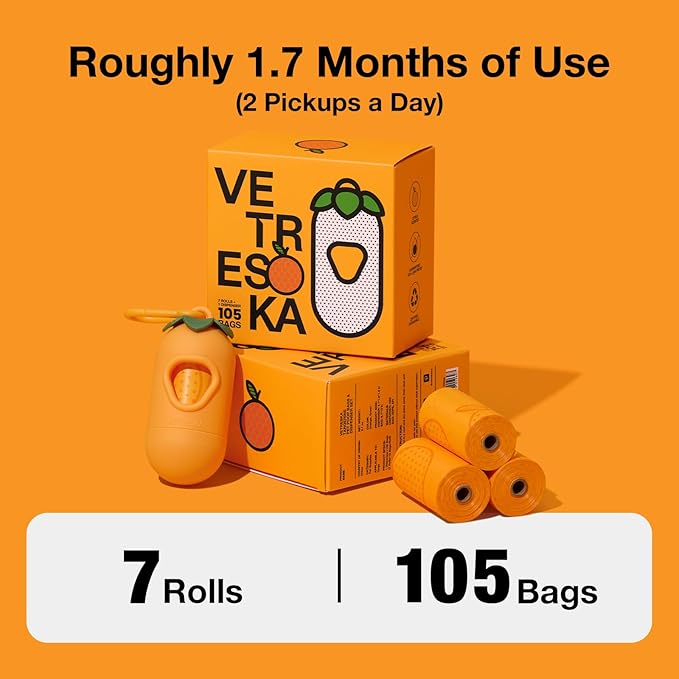 VETRESKA Dog Poop Bag Dispenser with Citrus Scented Waste Bags, Leak Proof, Extra Thick and Large Pet Poop Bags for Walking Dog and Cats Litter, 1 Count Holder and 105 Bags, Orange