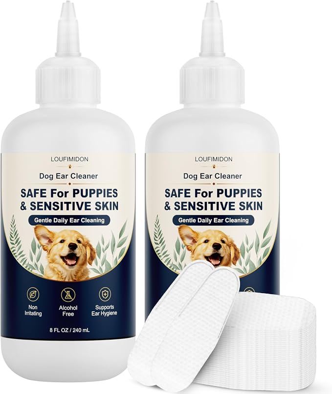 2 x 8 Fl Oz Dog Ear Cleaner Wax Removal | Safe for Puppy Sensitive Skin Gentle Daily Ear Care, Wash Clean Solution for Routine Maintenance with 50 Finger Wipes