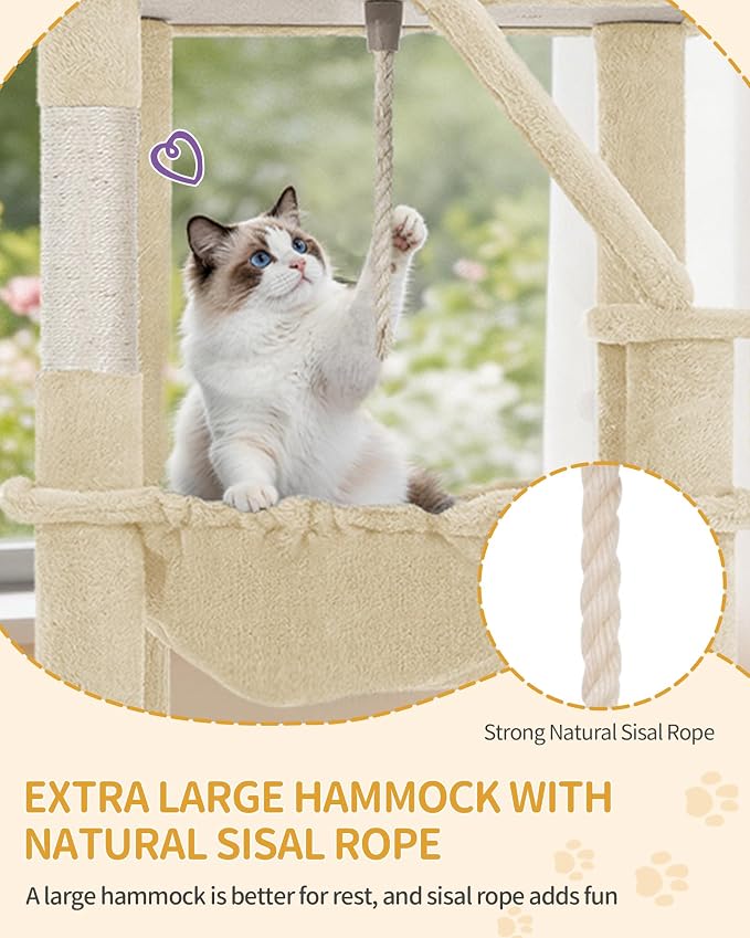 Hzuaneri Large Cat Tree, 72 Inch Tall Multi-Level Cat Tower for Indoor Cats | Cat Condo Furniture with 6 with Sisal Scratching Posts, 2 Large Platforms, 2 Cats House, Hanging Basket, Beige MS18318YG