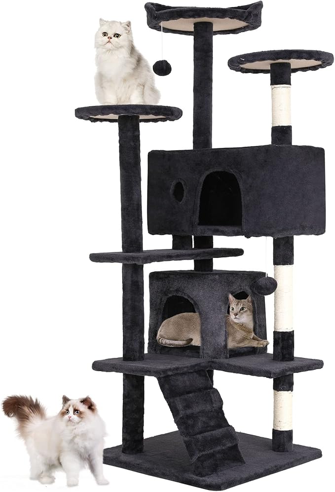 BestPet | 54" Cat Tree Tower | Dark Gray | Sturdy Multi-Level Cat Tree | with Plush Condo, Cozy Perch, Sisal Scratching Posts, Hanging Toy and Hammock | Easy Assembly | for Kittens & Adult Cats
