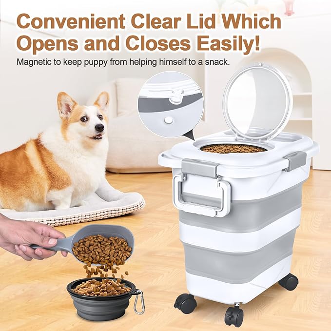 Dog Food Storage Container，10-25 lbs Airtight Collapsible Cat Food Storage Container with Attachable Wheels, Portable Handle, Dog Food Scoop for Dog Cat Bird Pet Dry Food Storage Bin Light Grey