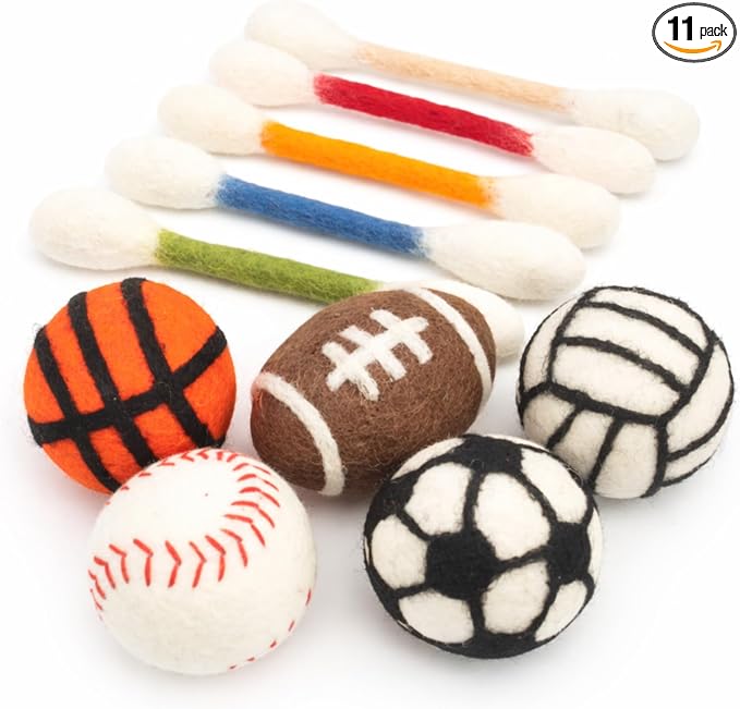 Glaciart One Cat Qtip Toy Set, 5 Pcs Wool Felt Cat Sport Balls (1.5 Inch) & 6 Pcs Cotton Swab Cat Toys, Natural Wool Cat Toys for Indoor Cats