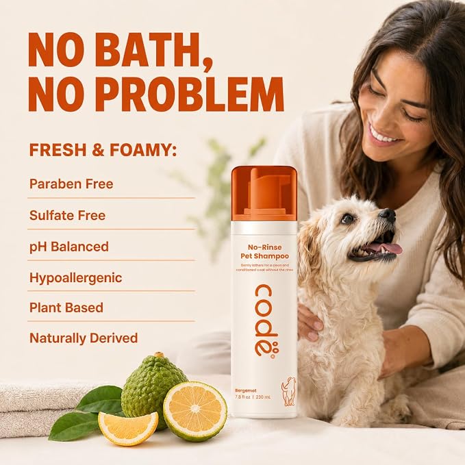 No-Rinse Pet Shampoo Foam, Waterless Dog Shampoo with Oatmeal, Aloe & Chamomile, Dog Shampoo Sensitive Skin, Hypoallergenic Dry Shampoo for Dogs, Bergamot Scent, 7.8 fl oz