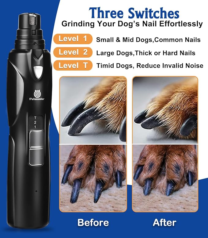 Petsaunter Dog Nail Grinder, 3 Grinding Heads, 2-Speed, LED Light, Touch-Switch, TypeC, Quiet, Low-Vibration, Dog Nail Trimmers for Large,Medium,Small Dogs & Cats with Hard/Thick Nails (U-Dark Blue)
