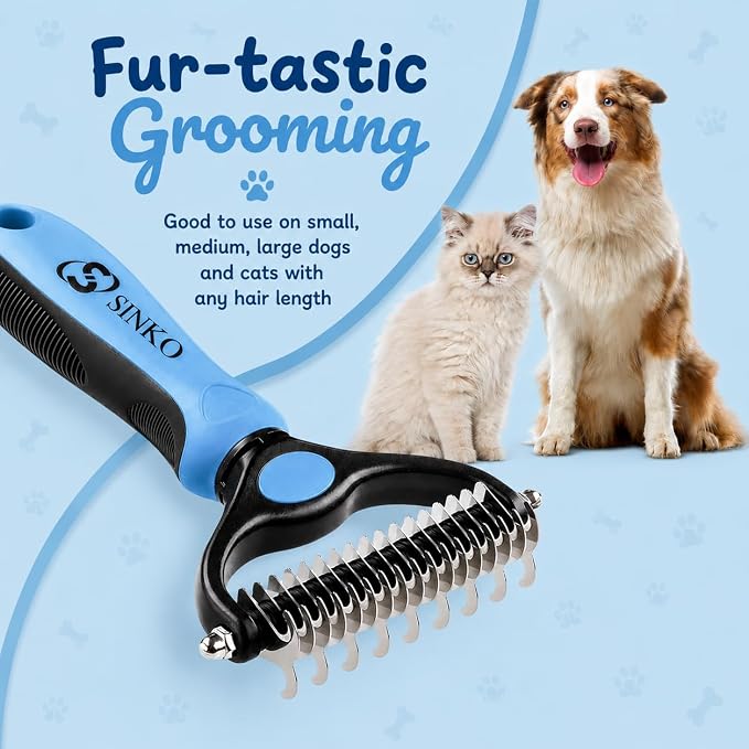 Sinko Shedding Brush For Dog and Cat, Undercoat Rake with Extra Wide Double-Sided Stainless Teeth for Detangling, Deshedding, Brushing & Removing Shed Fur, Knots, Mats, and Tangles in Pets (Blue)