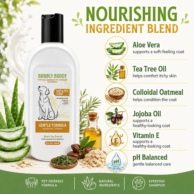 Hypoallergenic Itch Relief Shampoo for Dogs, Green Tea Scent Dog Shampoo with Aloe, Tea Tree Oil, Colloidal Oatmeal, Jojoba Oil & Vitamin E, pH Balanced Sensitive Skin & Anti-Itch Care, 15.5 fl oz