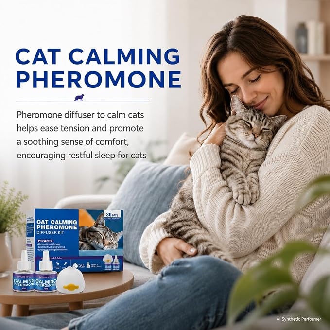 Cat Calming Diffuser Kit, Cat Pheromone Diffuser with 2 Liquid Refills, Plug In Calming Diffuser for Indoor Cats, Helps Create a Comfortable Home Environment for Multi Cat Households, 60 Day Supply