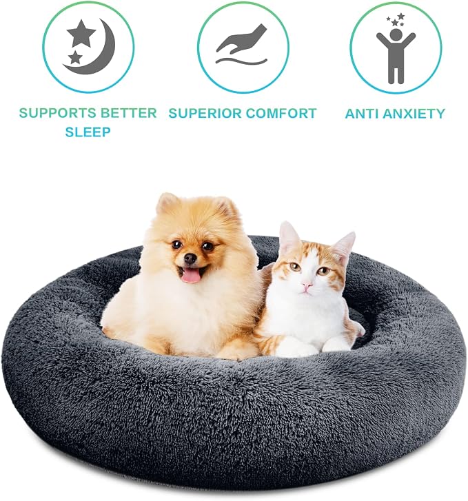 SAVFOX 45 inches Calming Donut Dog Bed - 3X Durable Plush Faux Fur, Machine Washable & Non-Slip, Fits up to 150 lbs, Dark Grey