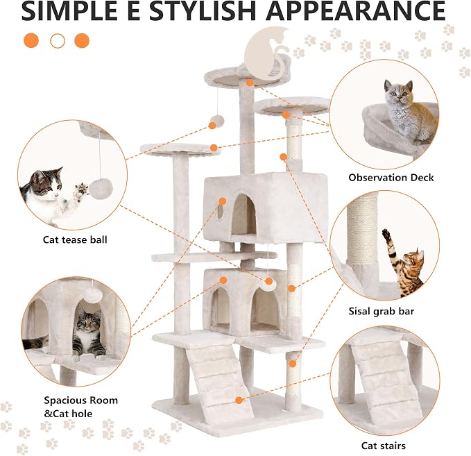 BestPet | 54" Cat Tree Tower | Beige | Sturdy Multi-Level Cat Tree | with Plush Condo, Cozy Perch, Sisal Scratching Posts, Hanging Toy and Stable Frame | Easy Assembly | for Kittens & Adult Cats