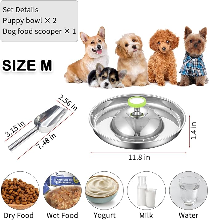 Fhiny 2Pack Stainless Steel Puppy Bowls, Pet Weaning Feeding Dish with Scoop for Litters Pets Silver Dog Food and Water Slow Feeder Bowl with Handle Container for Dogs Cats (M:11.8" Dia, 5¼ Cups)