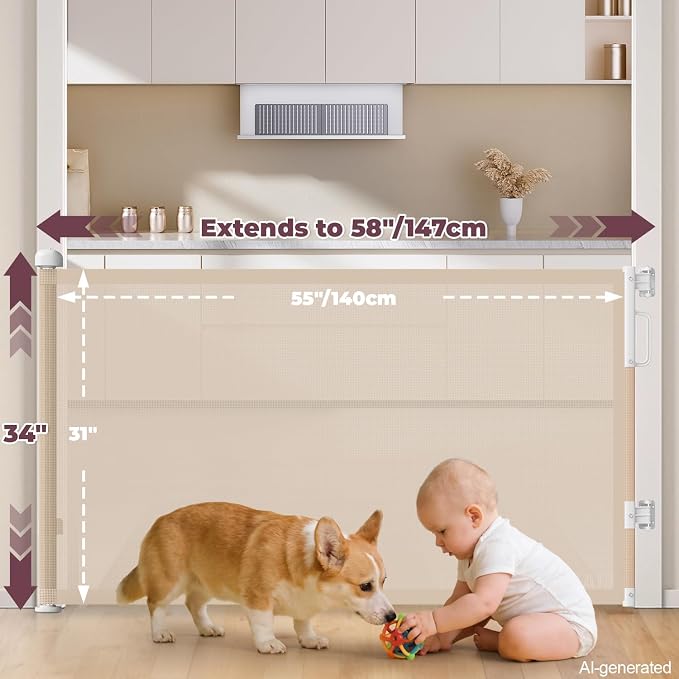 Retractable Baby Gates for Doorways, 58" Extra Wide Mesh Child Dog Gate for Stairs, 34" Tall Toddler Pet Gate Indoor and Outdoor, Easy Install, Home Necessity, Beige