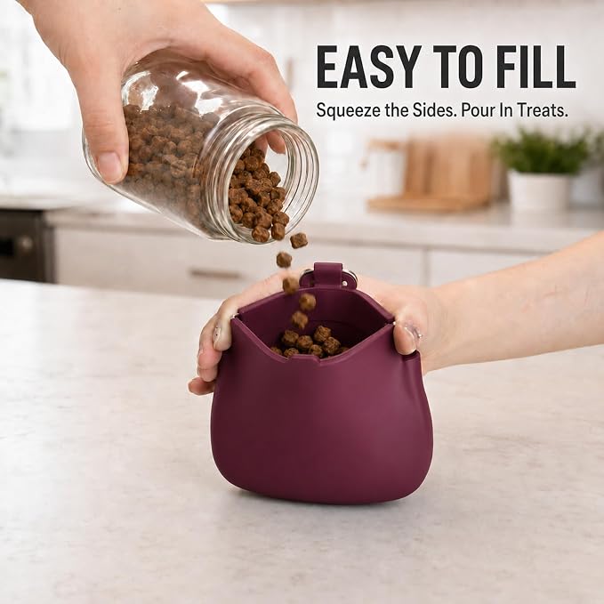 1 Cup Silicone Dog Treat Pouch, Dog Training Treat Bag, Burgundy | One-Hand Use, Auto-Closes, No Spills When Inverted, Carabiner Keeps Pouch Secure, Easy to Clean, Holds Dry or Wet Dog Food