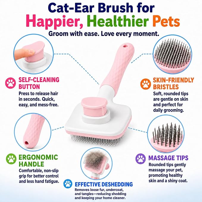 Self-Cleaning Slicker Brush, Dog Cat Bunny Pet Grooming Shedding Brush, Easy to Remove Loose Undercoat, Pet Massaging Tool Suitable for Pets with Long or Short Hair (Baby Pink)