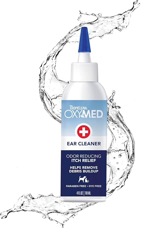 TropiClean OxyMed Preventative Dog Ear Cleaner, Vet Recommended Ear Cleaning Solution for Itch Relief, Daily Wash Drops, Safe for Cats, USA Made, 4oz.