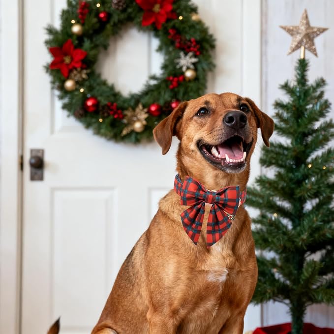 DOGWONG Christmas Dog Collar with Bow Tie, Red Green Plaid Dog Collar Durable Metal Buckle Adjustable Soft & Cute Red Checkered Dogs Collars for Small Medium Large Dogs, S
