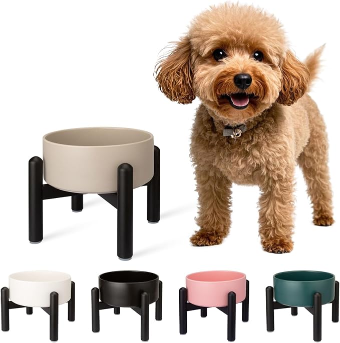 Raised Ceramic Dog Bowl, 6.1'' Modern Feeding Bowl with Non-Slip Stainless Steel Stand, Elevated Food or Water Dish for Small to Medium Dogs, 2 Cups (28.75 fl oz) - Grey