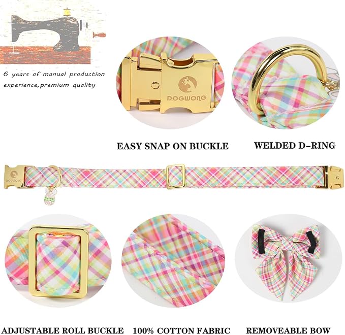DOGWONG Easer Dog Collar with Sailor Bow,Colorful Plaid Dog Collar, Adjustable Durable Soft Easter Dog Collars for Male Female Dogs,XL